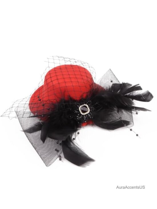 Accessories - Mini Top Hat Fascinator Hair Clip Feathers Fishnet One Size